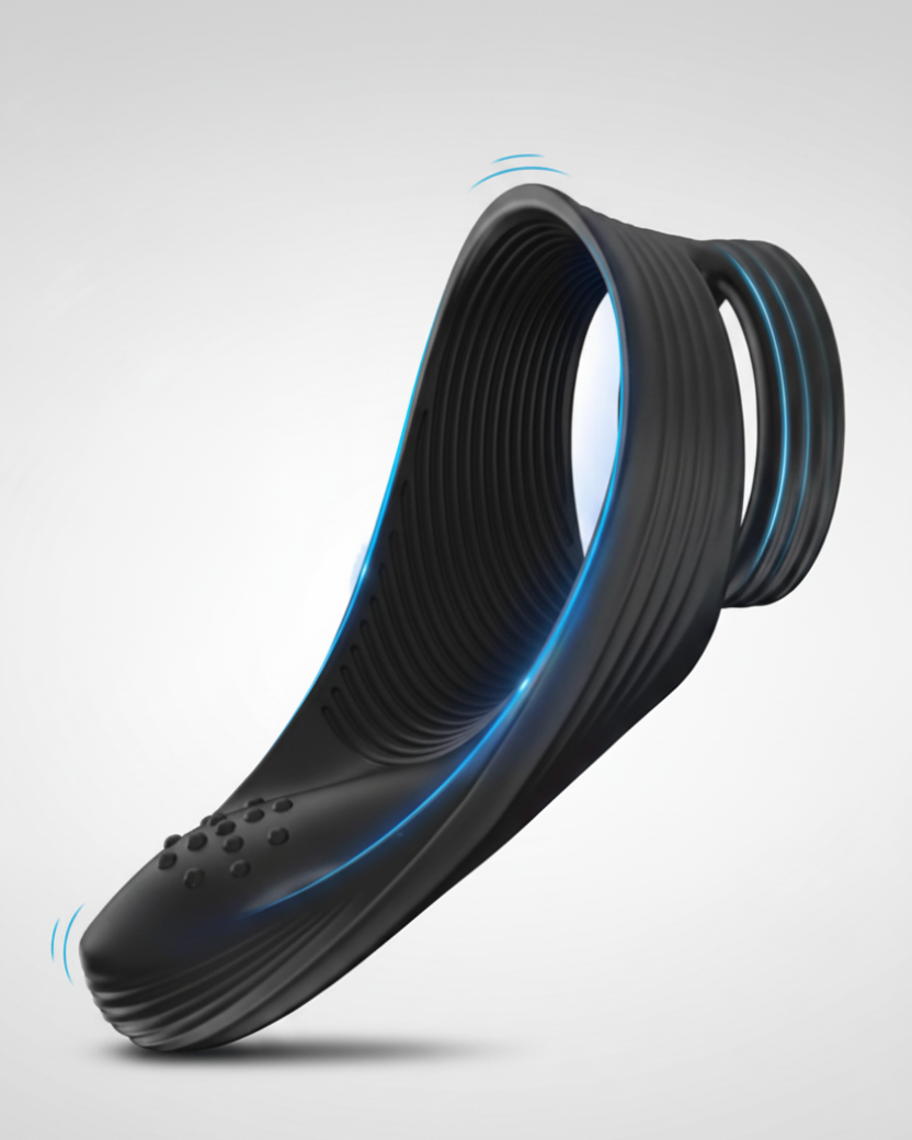 Black shoe sole with blue accents on a gray background