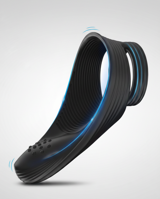 Black shoe sole with blue accents on a gray background