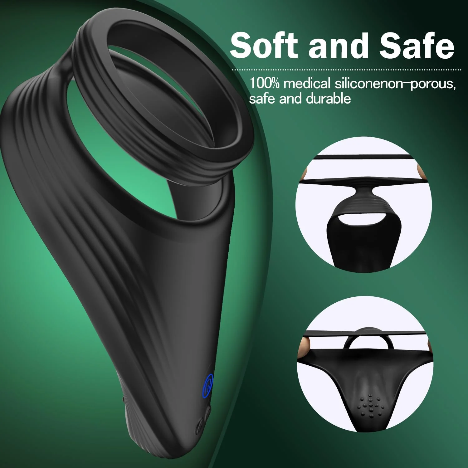 Black silicone product with safety features on a green background