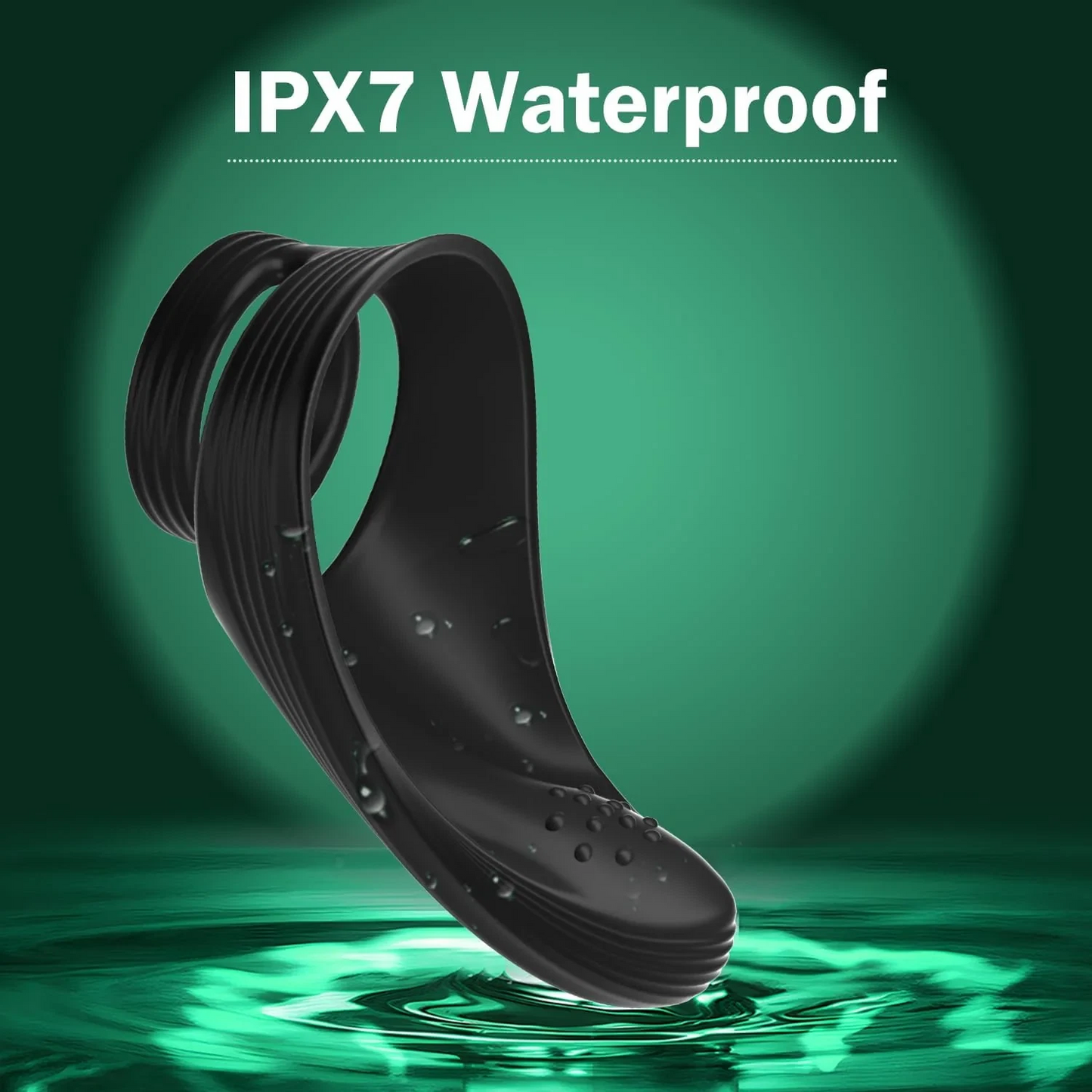 Black waterproof device with IPX7 text on a green water background