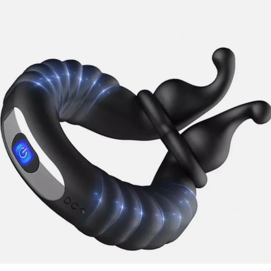 Black and gray device with blue lights on a white background