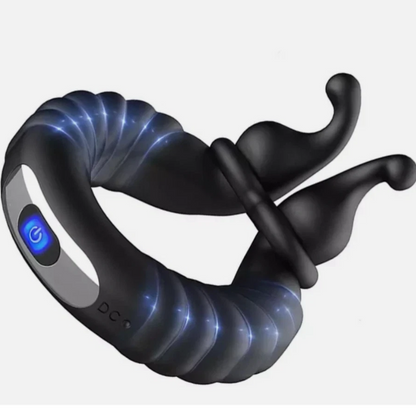 Black and gray device with blue lights on a white background