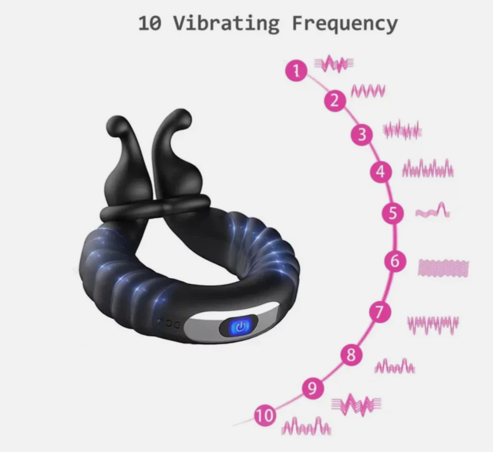 Black and blue spiral-shaped device with a vibrating frequency indicator on a white background