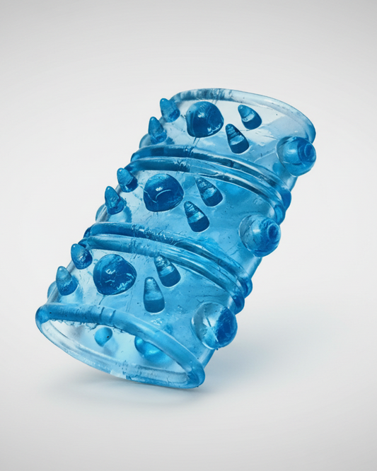 Blue textured object on a light gray background