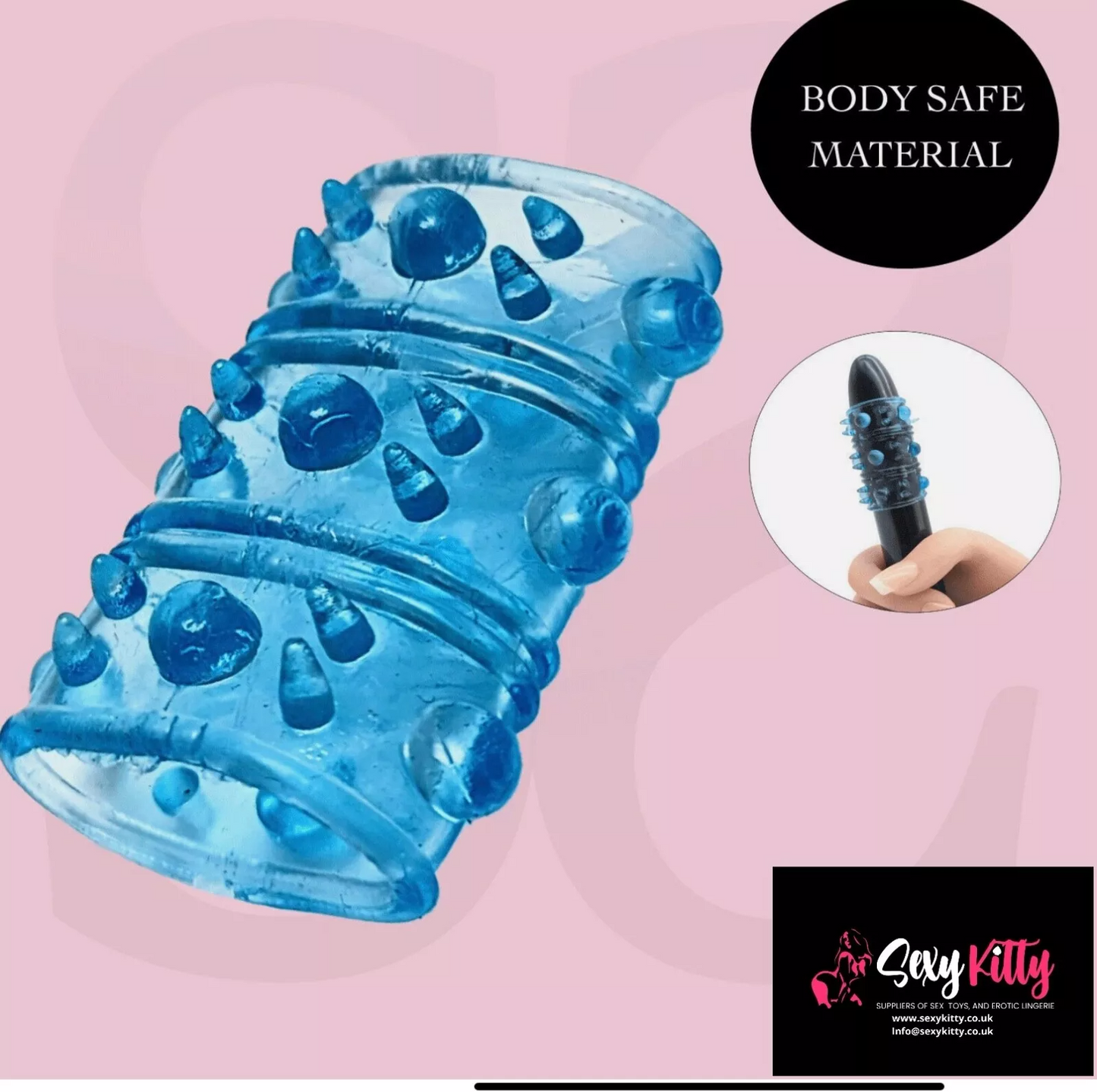 Blue silicone product with textured design on a pink background, featuring 'Sexy Kitty' branding.