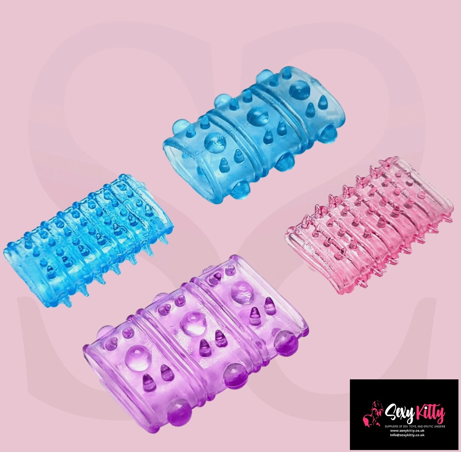 Three foot massager rollers in blue, pink, and purple on a pink background with 'Sexy Kitty' branding.