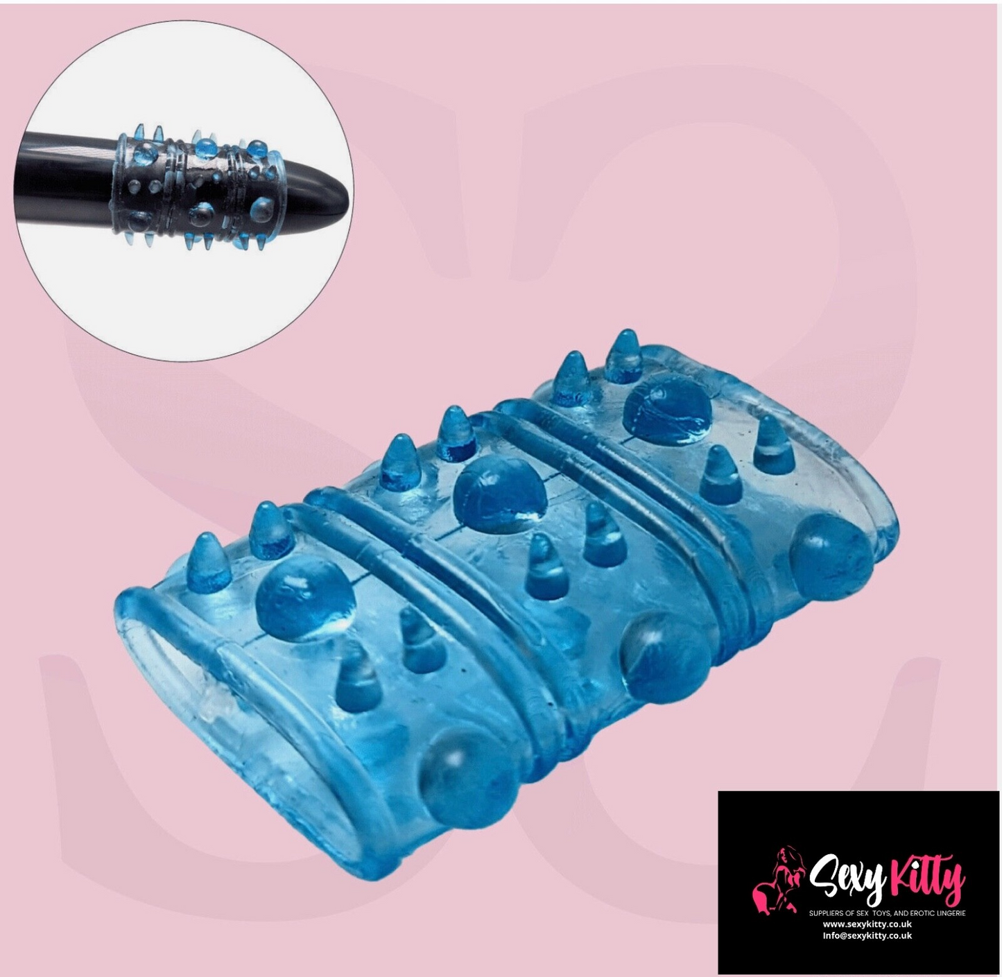 Blue textured product with close-up inset on a pink background, featuring the brand 'Sexy Kitty'.