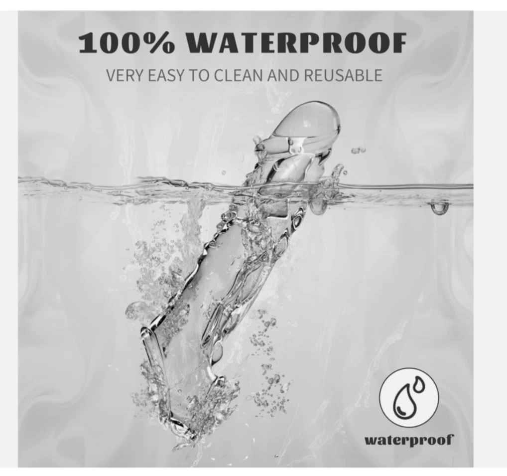 Product being submerged in water with text '100% Waterproof, Very Easy to Clean and Reusable' on a gray background.