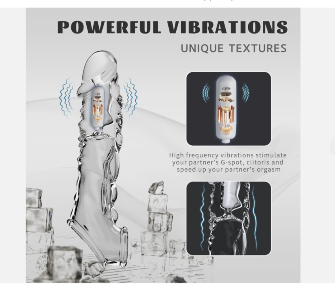 Product packaging with text about powerful vibrations and unique textures on a light gray background.