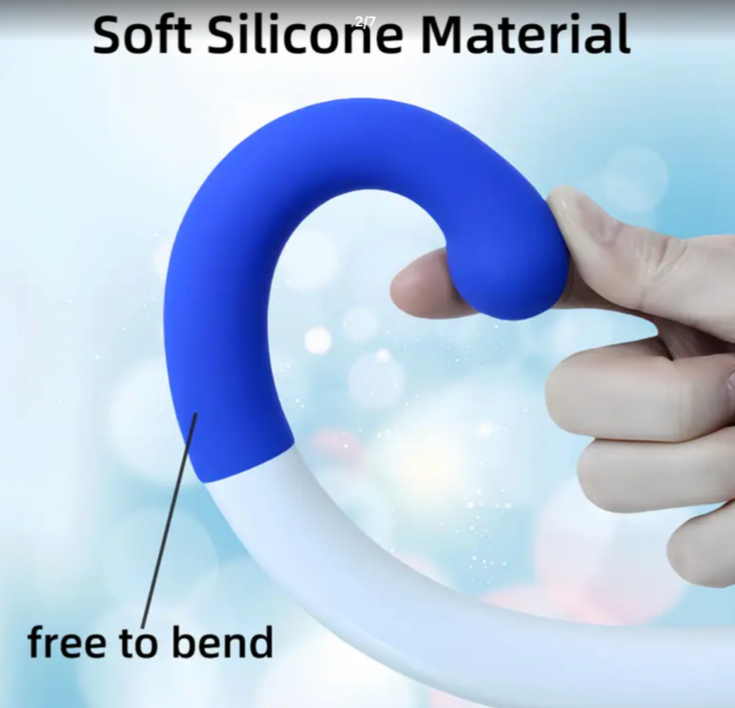 Blue silicone ring held by a hand with text indicating soft material and bendability.