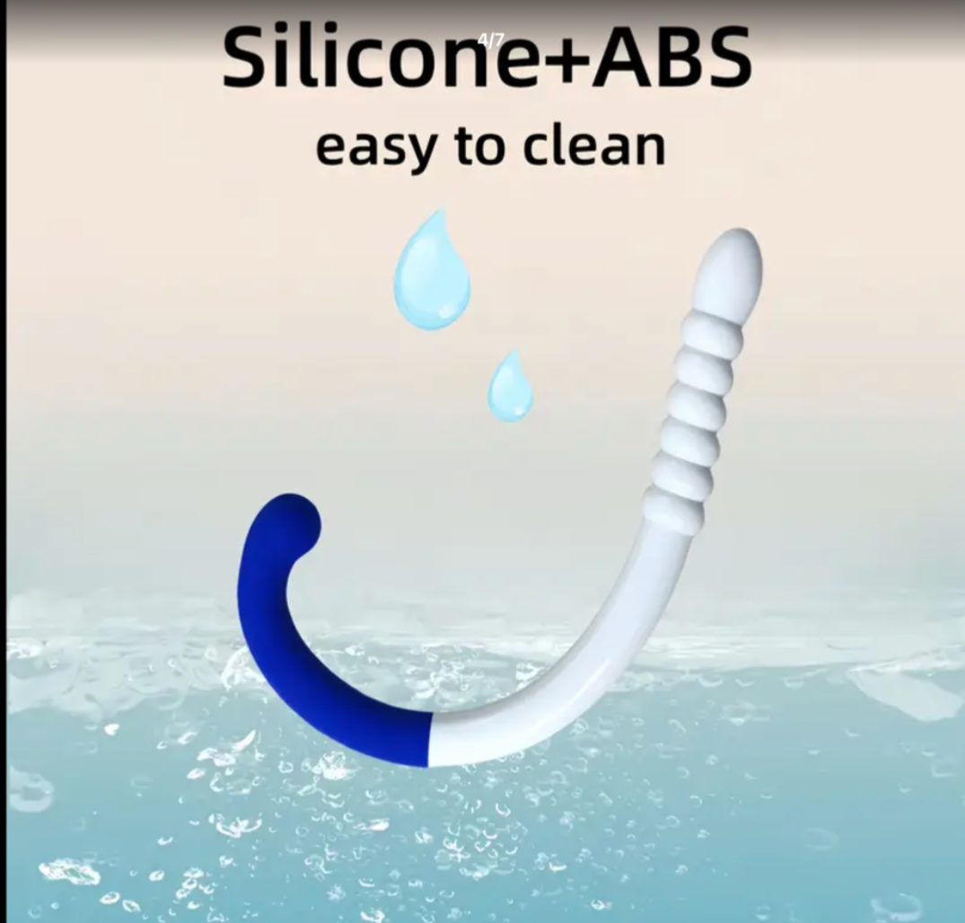 White and blue snorkel with water droplets and text 'Silicone+ABS easy to clean' on a light background