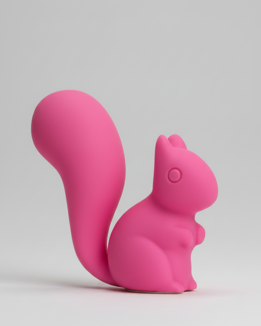 Pink squirrel-shaped object on a light gray background