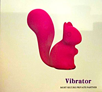 Red squirrel-shaped vibrator on a beige background with text.