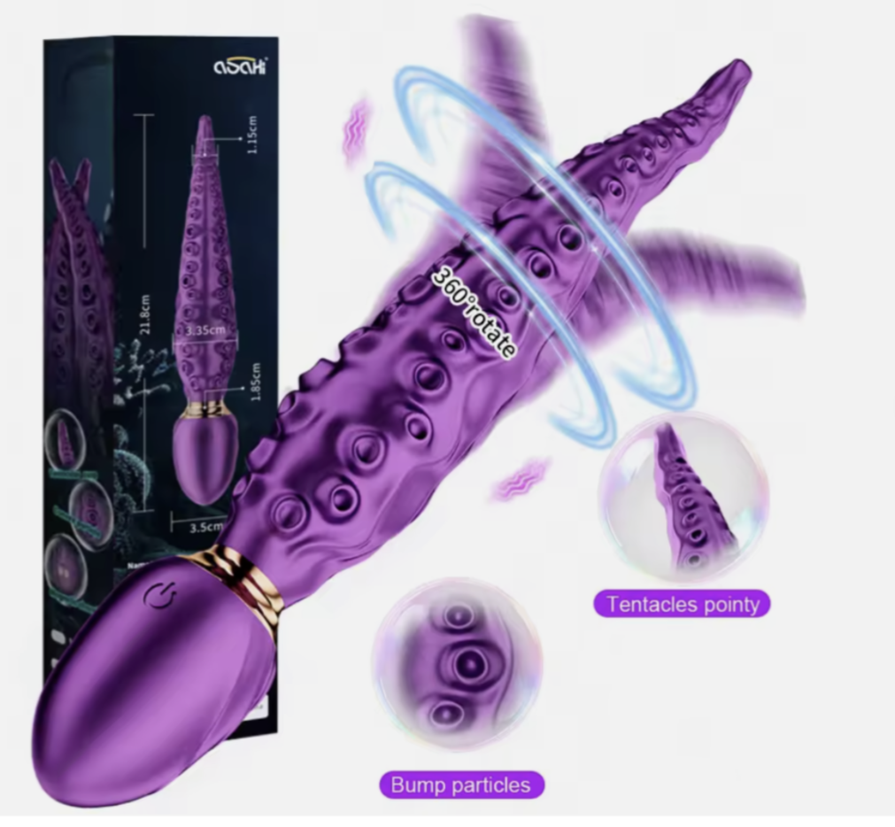 Purple octopus-shaped toy with detailed features on a white background