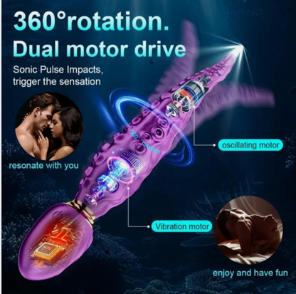 Purple sexual product with text about 360-degree rotation and dual motor drive on a dark background.