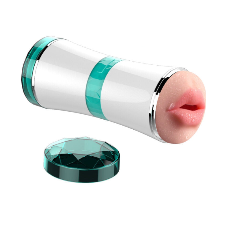 Lip-shaped container with a reflective surface and teal accents on a white background
