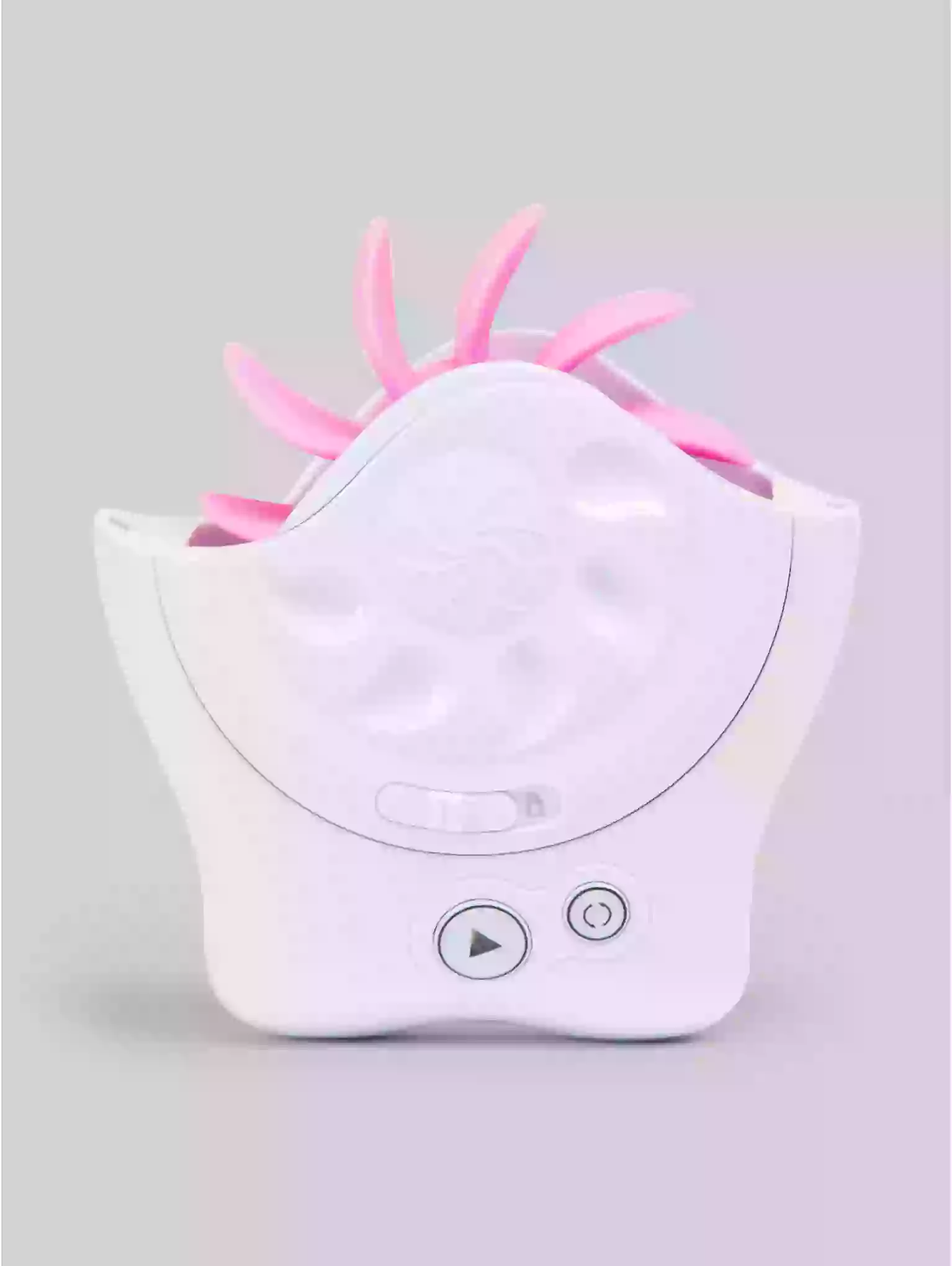 White electronic device with pink antenna-like feature on a gray background