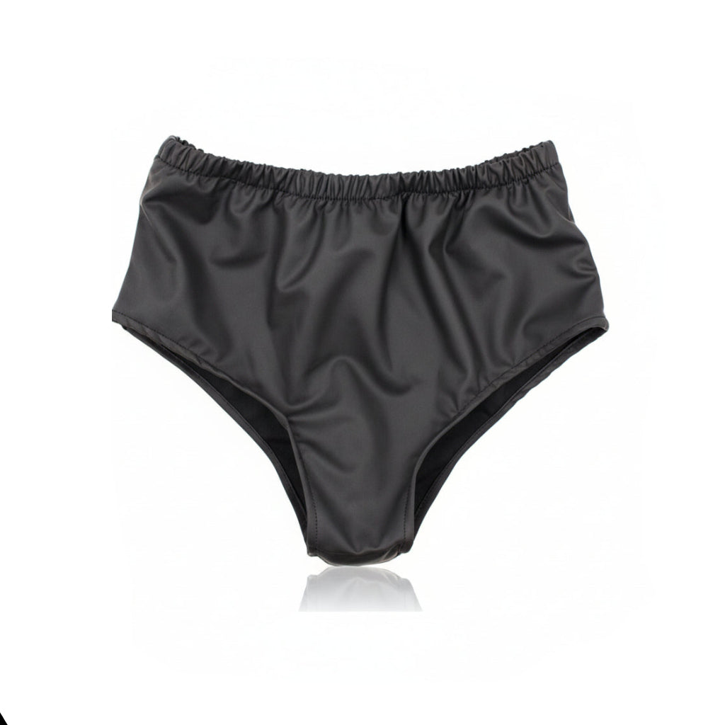Black high-waisted bikini bottom on a white background