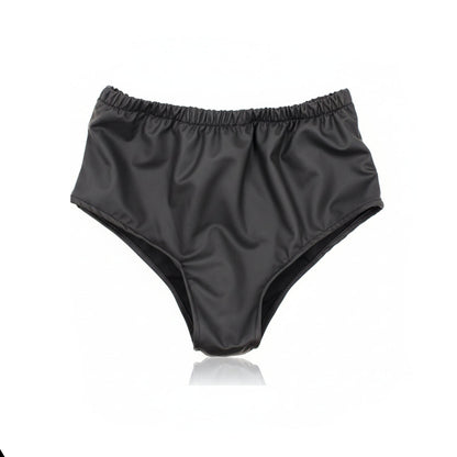 Black high-waisted bikini bottom on a white background