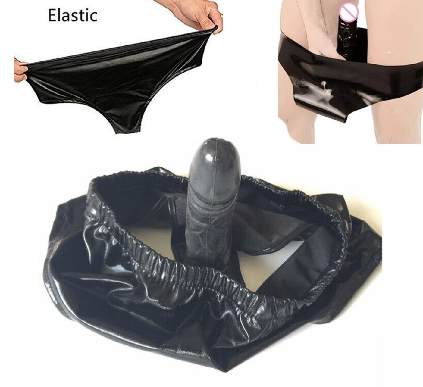 Black plastic bag with elastic band being stretched and used as a product, on a white background.