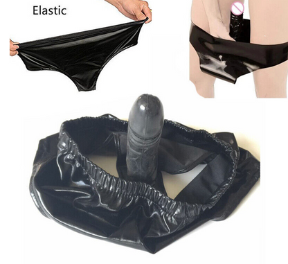 Black plastic bag with elastic band being stretched and used as a product, on a white background.