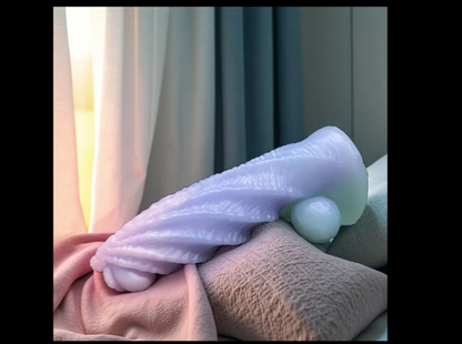Close-up of a hand holding a soft, light purple object against a blurred indoor background.