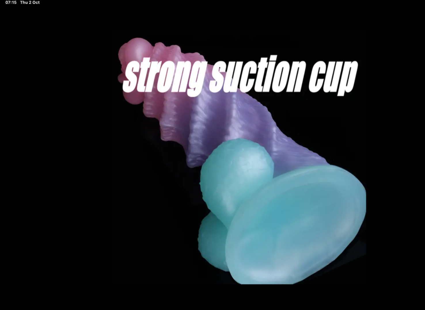 Purple and blue suction cup with text 'strong suction cup' on a black background