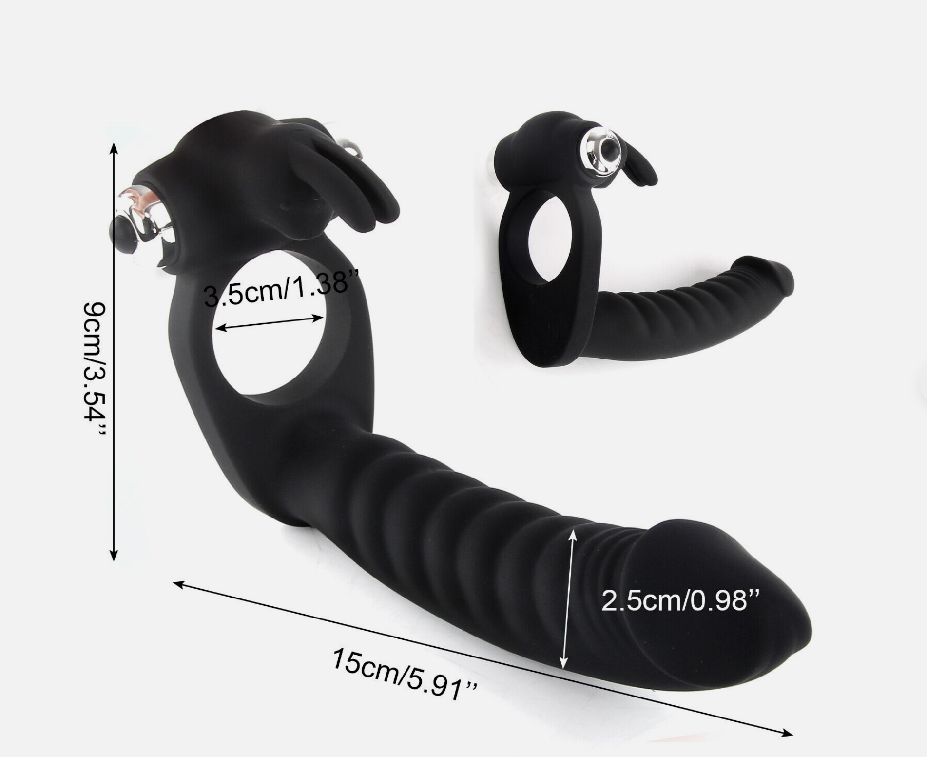 Black silicone ring with measurements on a white background
