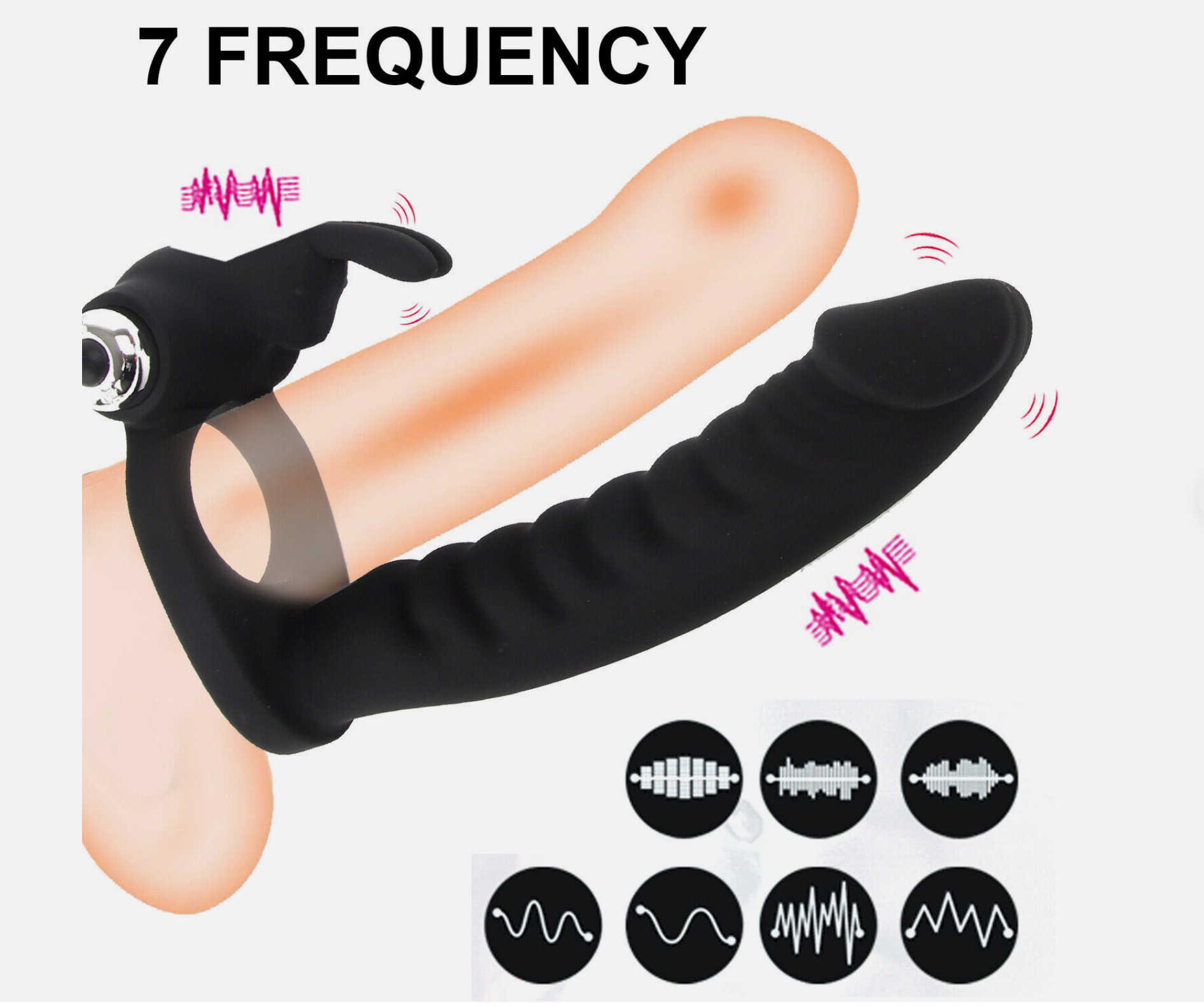 Black finger massager on a hand with '7 Frequency' text and sound wave icons.