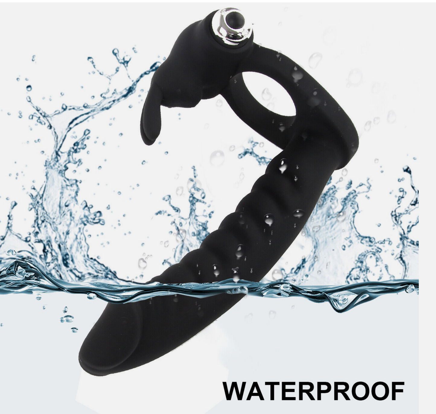 Black waterproof device with water splashes on a white background