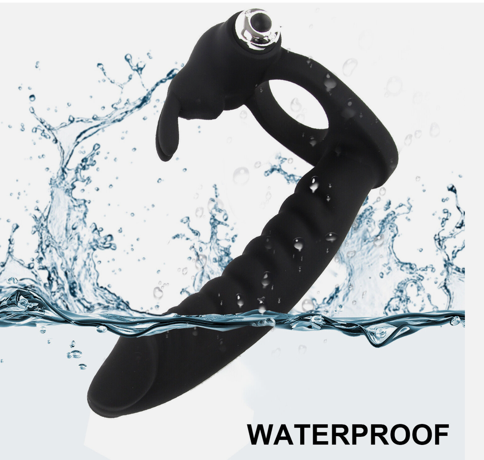Black waterproof device with water splashes on a white background