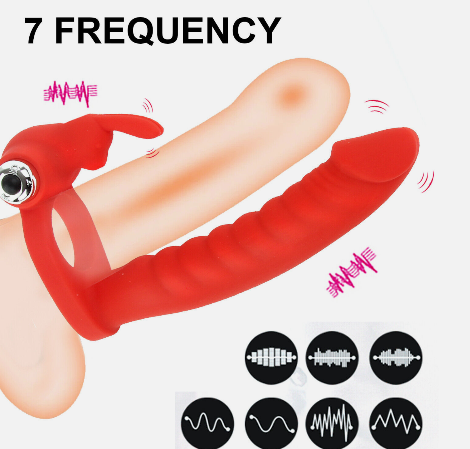 Red device on a finger with '7 Frequency' text and sound wave icons.