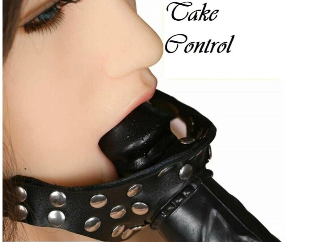 Close-up of a person wearing a black leather choker with studs, with text 'Take Control' on a white background.