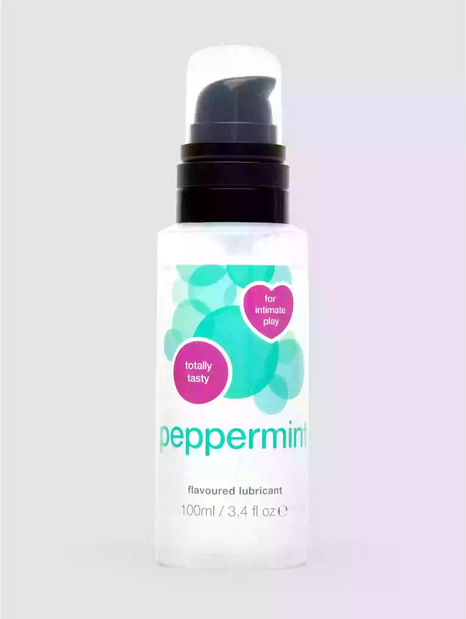 Peppermint flavored lubricant bottle on a light gray background