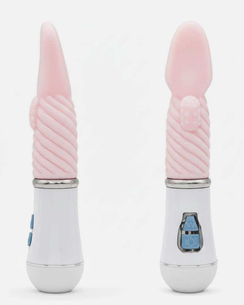 Two pink and white vibrators on a white background