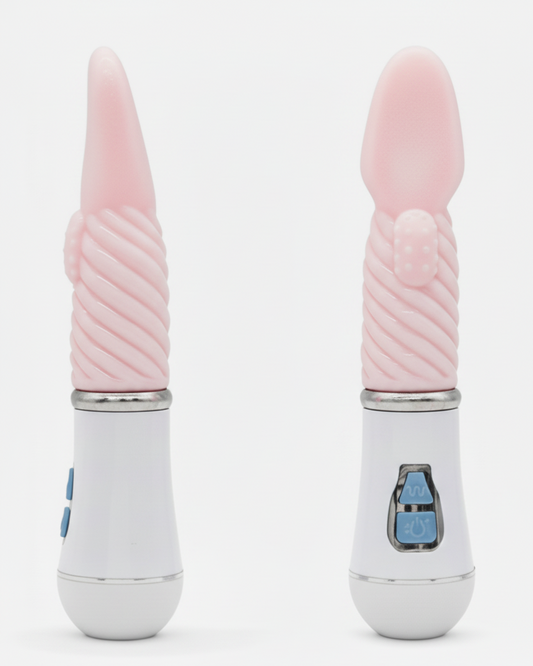 Two pink and white vibrators on a white background