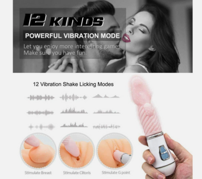 Product advertisement for a device with vibration modes, featuring a couple and text about features.