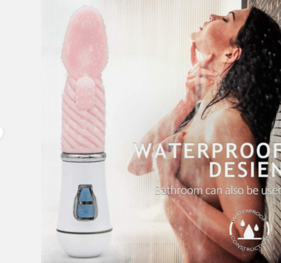 Pink and white electronic device with text about waterproof design, next to a person in a bathroom.
