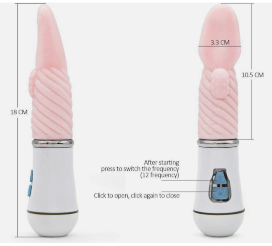 Pink and white electronic device with measurement details on a white background