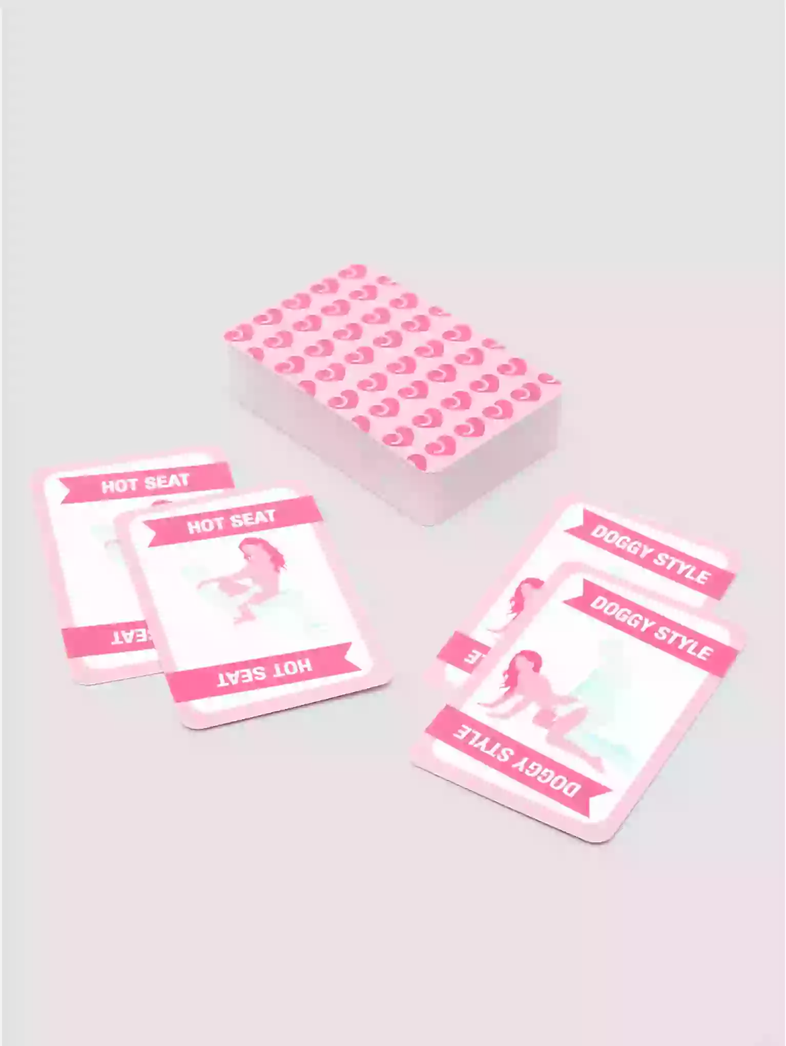 Pink card game with illustrations on a white background