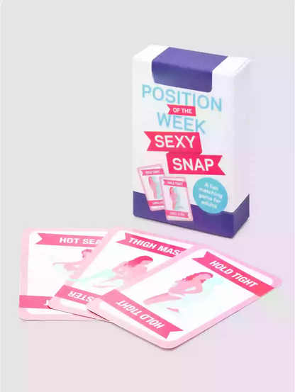 Card game packaging with cards titled 'Hot Seat', 'Thigh Mas', and 'Hold Tight' on a light gray background.