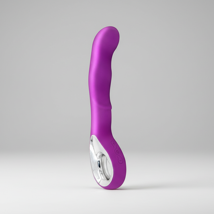 Purple and white electronic device on a gray background