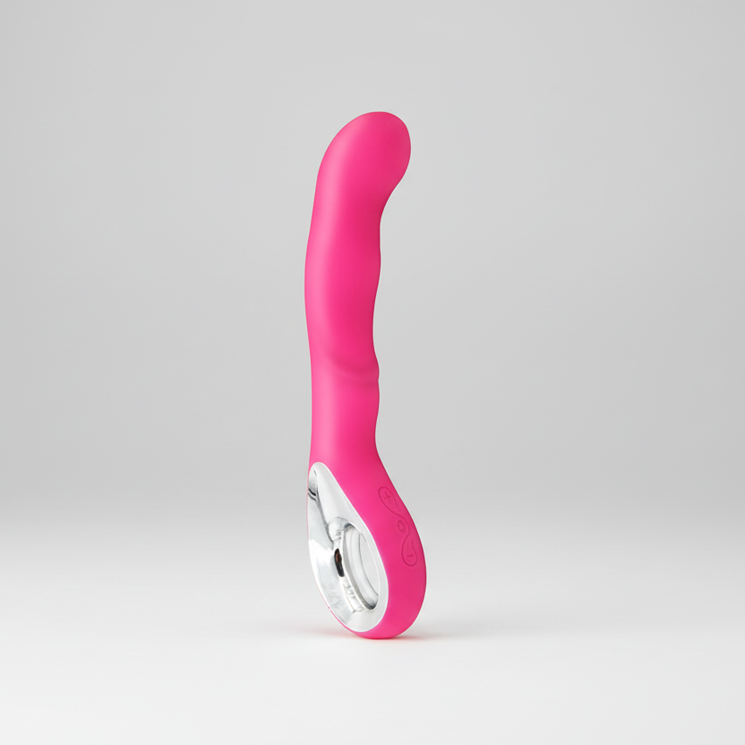 Pink and white electronic device on a gray background