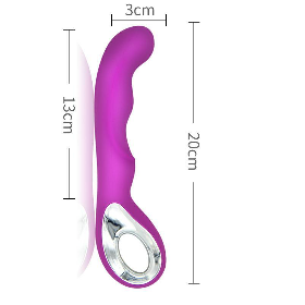 Purple and silver object with measurements on a white background