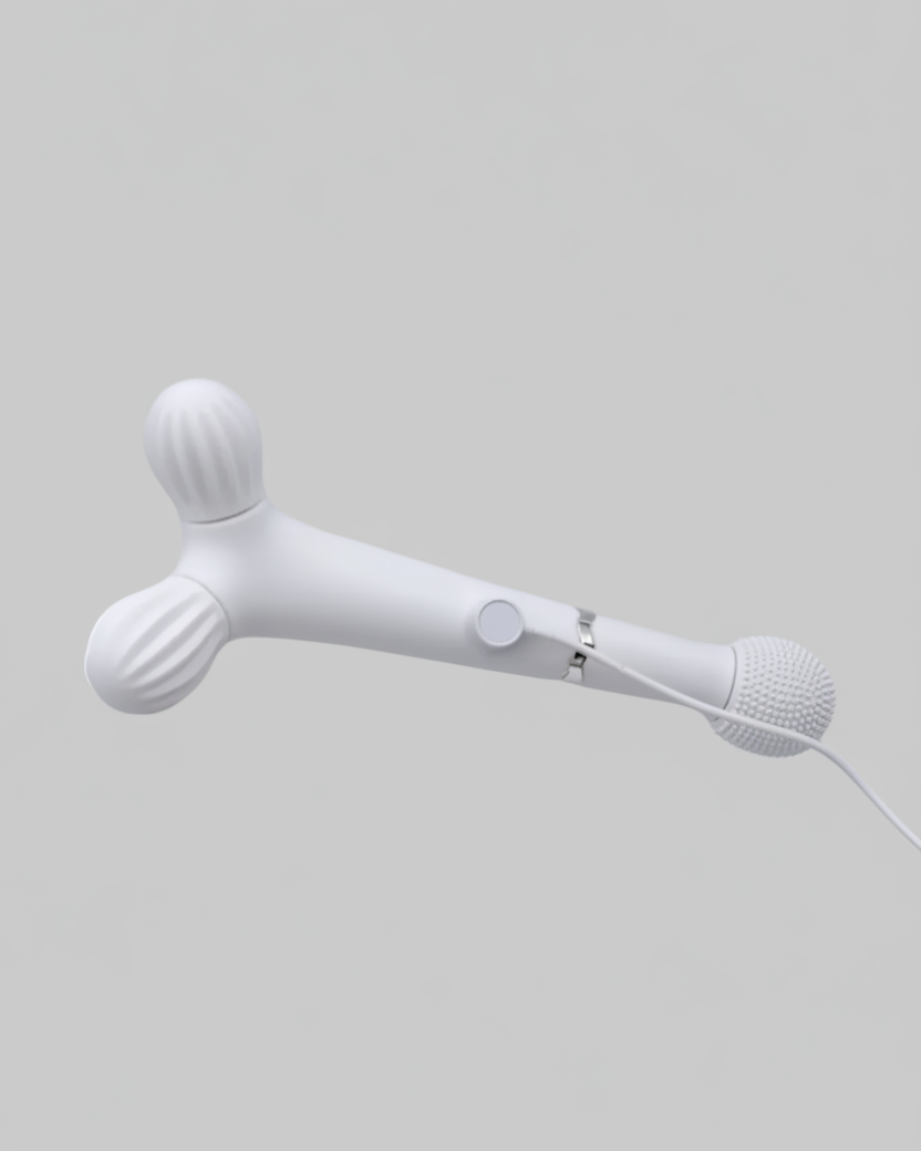 White handheld device with a cord on a light gray background