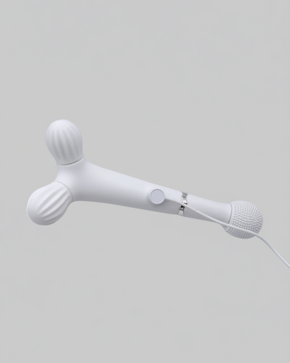 White handheld device with a cord on a light gray background