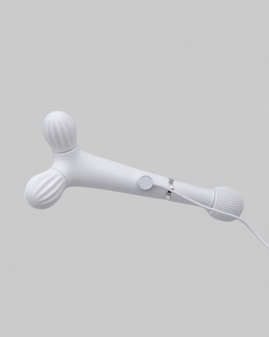 White handheld device with a cord on a light gray background