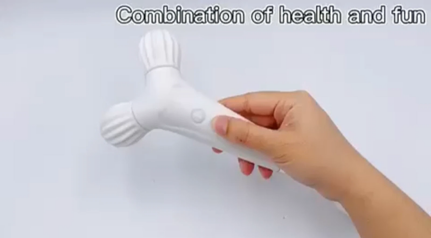 Hand holding a white handheld massage tool against a light gray background with text 'Combination of health and fun'.