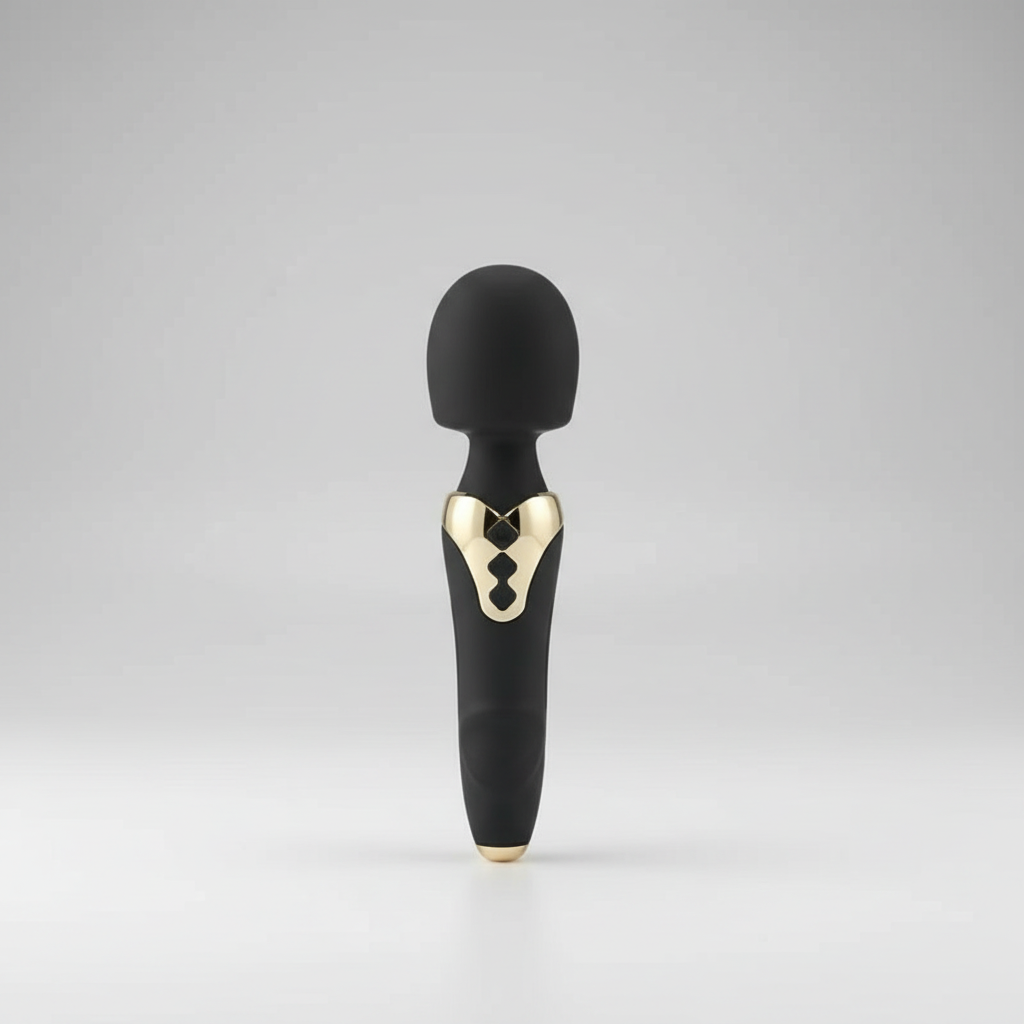 Black and gold handheld device on a gray background