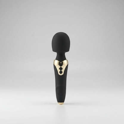 Black and gold handheld device on a gray background